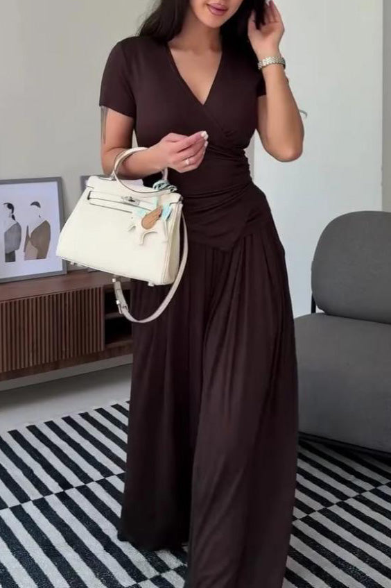 Tie-strap short-sleeved top and wide-leg pants two-piece suit