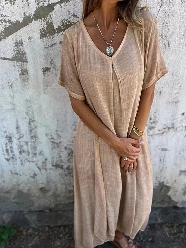 Loose Short Sleeve V-Neck Solid Color Cotton and Linen Dress