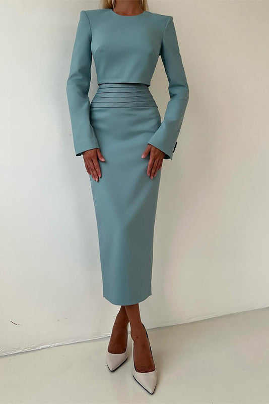 Solid Color Long Sleeve Zipper Top Slit Hip-Wrap Long Skirt Set