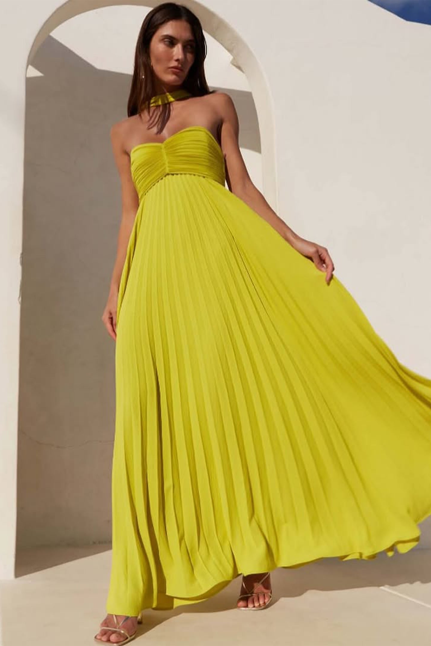 Lime Green Pleated Maxi Dress with Halter Neck for Women - Sabina