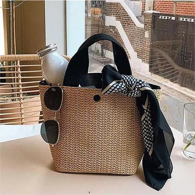 Vintage Stroh Strandtasche Schwarz