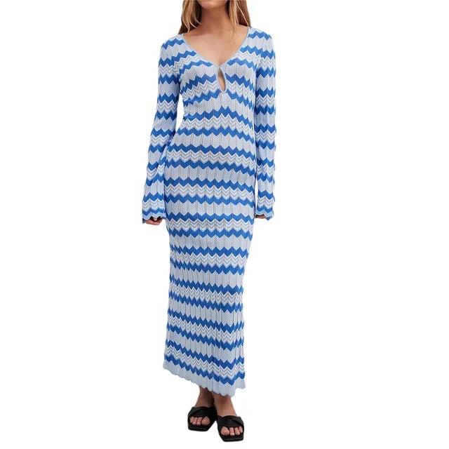 Blue and white knitted maxi dress - Alina