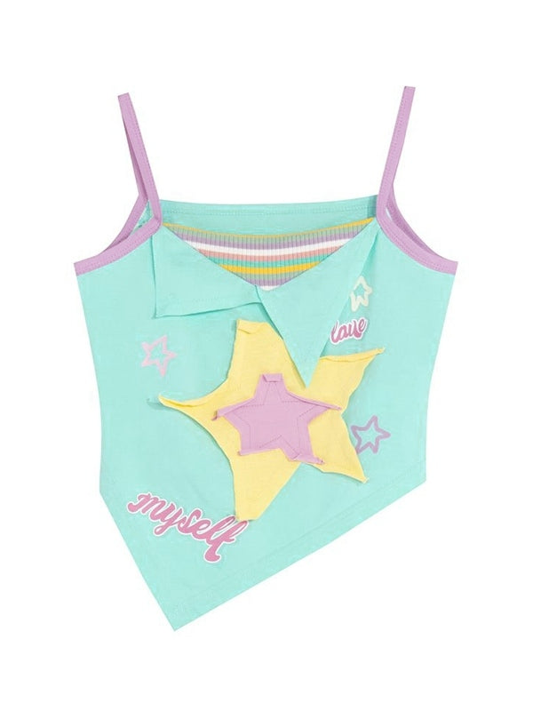 Blue Y2k Star Patch Asymmetric Cami Top