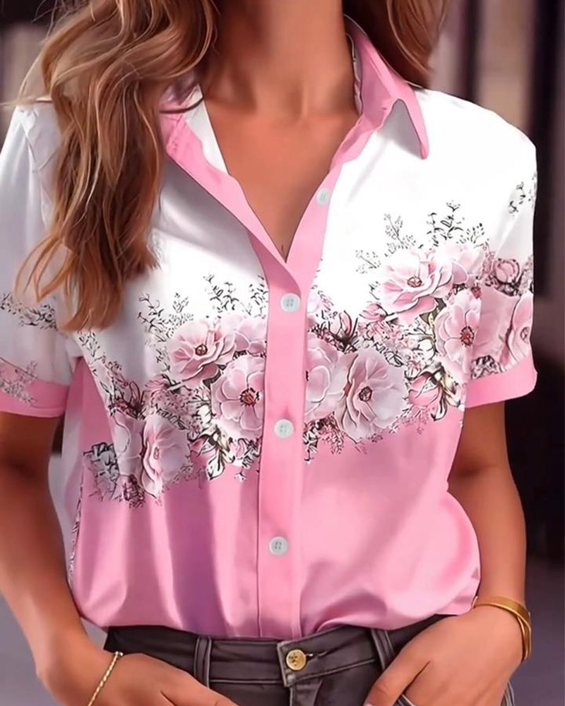 Bluse Revers Blumenmuster Kurzarm