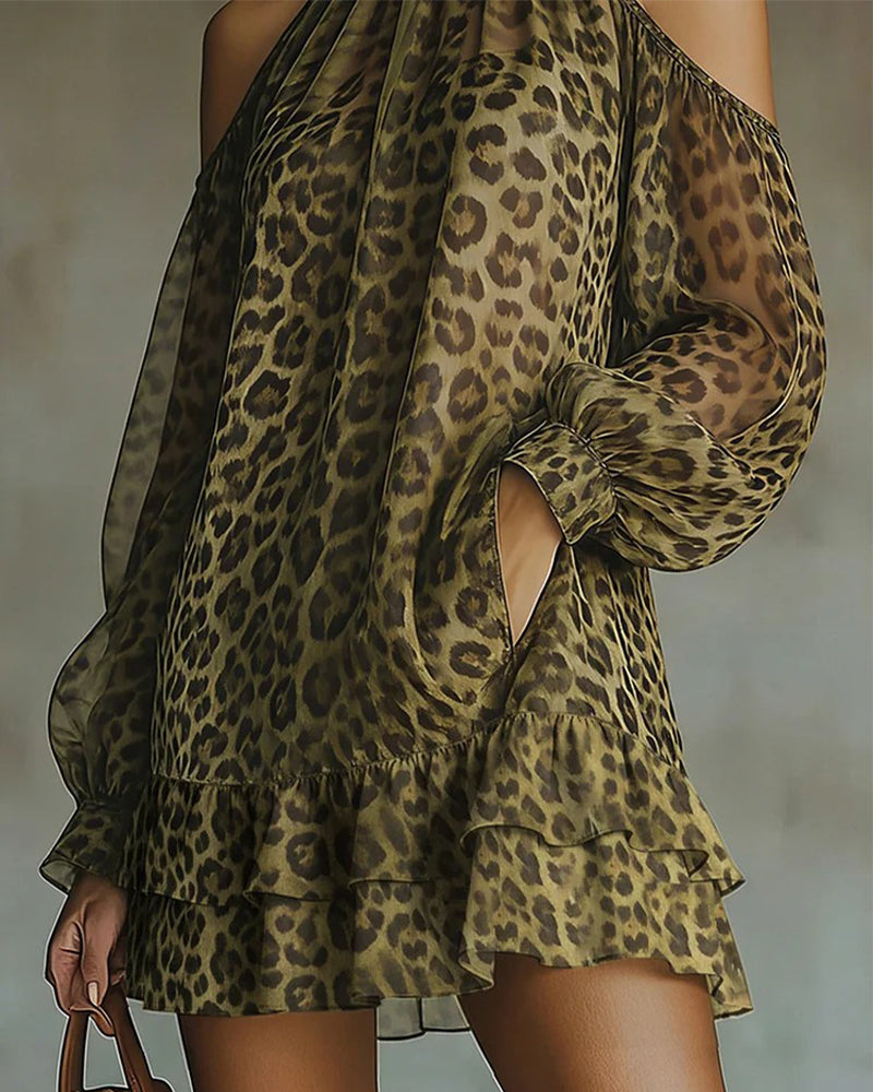 Kleid Mode Off-Shoulder Halfter Leopard