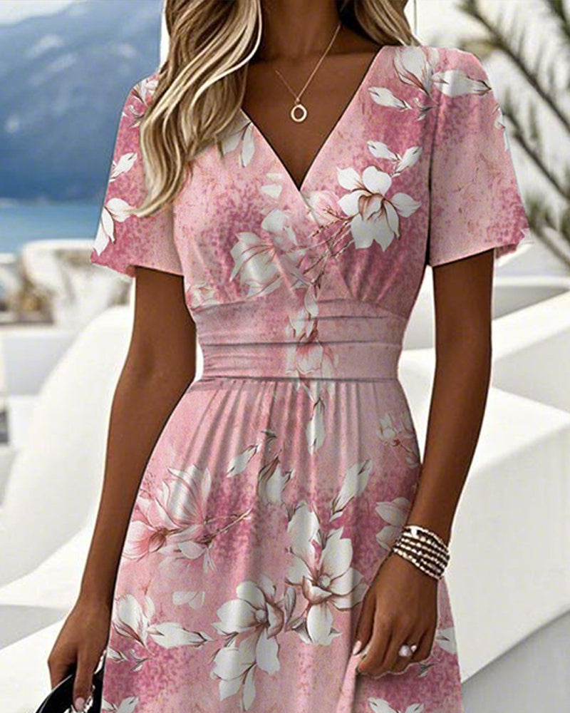 Kleid Orchideenprint V-Ausschnitt Lässig