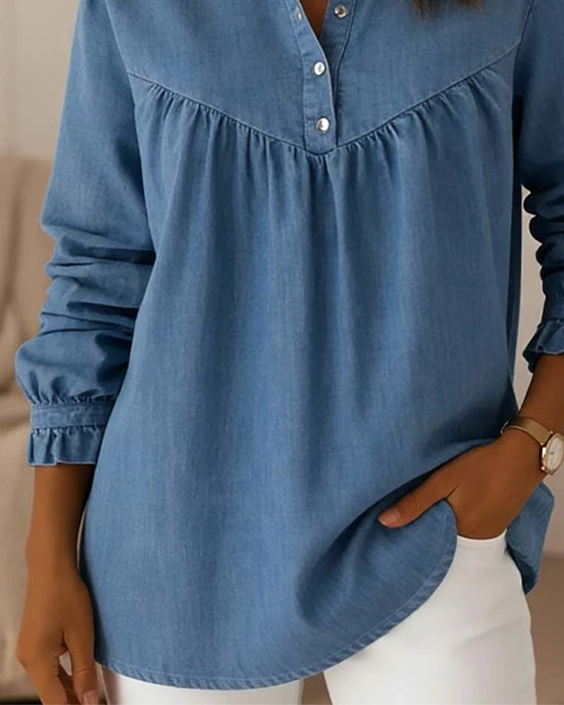 Top Denim Rüschen Knopfleiste