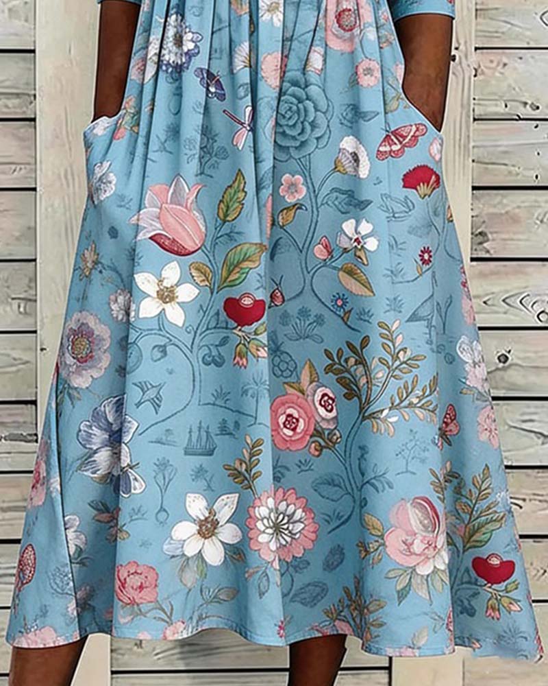 Kleid Rundhals Geknöpft Blumig A-Saum