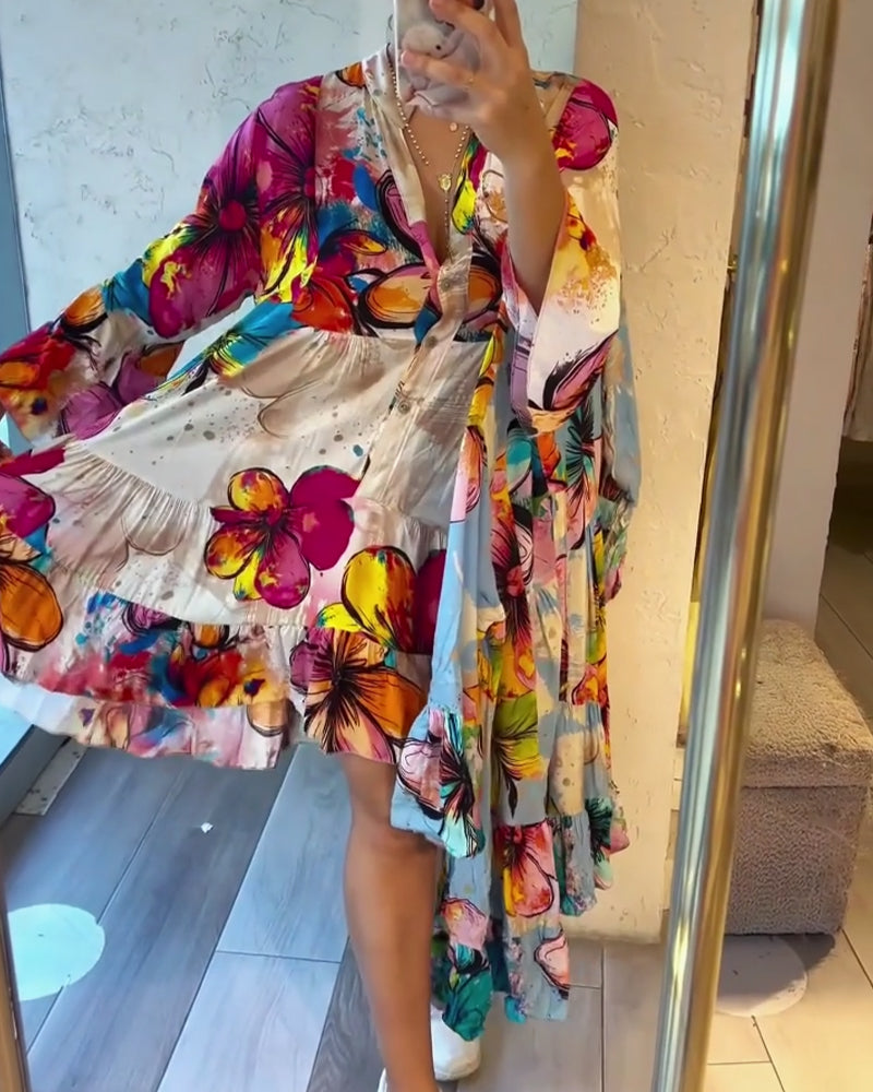 Kleid Bunt Groß Blumig Druck Kurz
