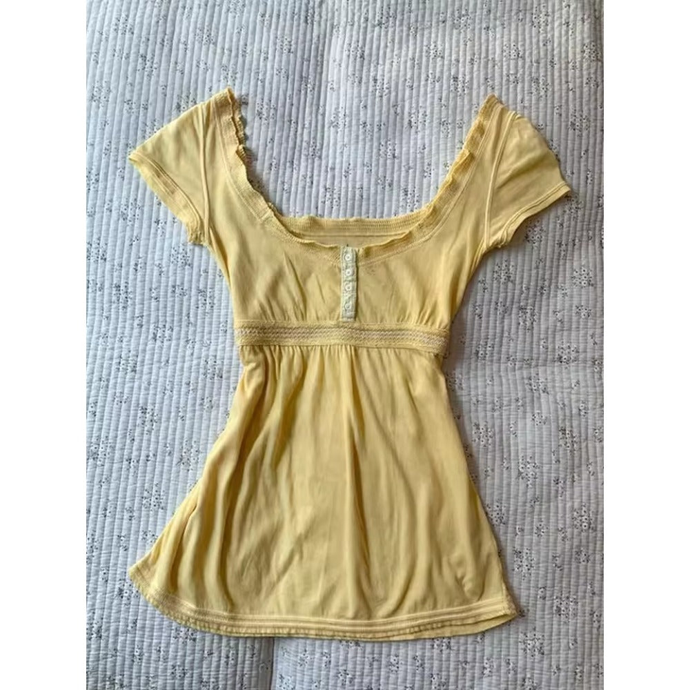Yellow Short Sleeve Mini Dress with Lace Trim for Women - Linda