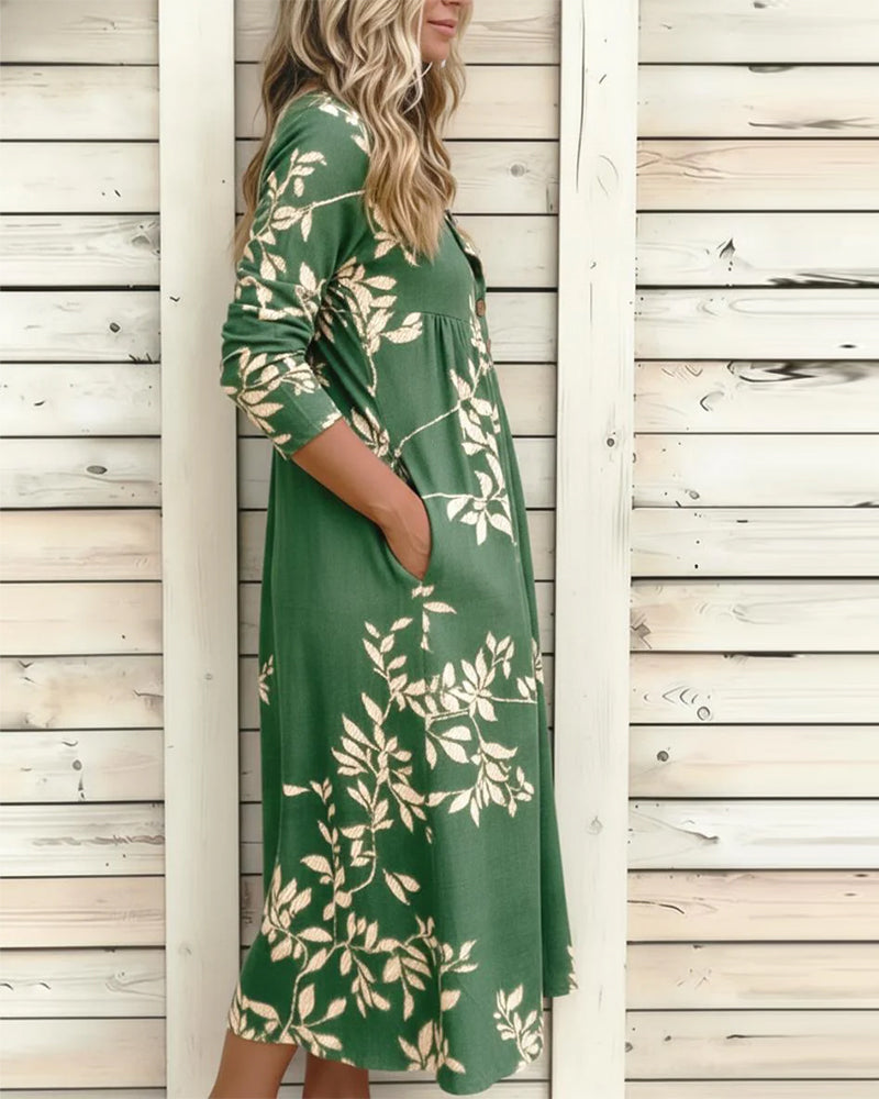 Kleid Botanischer Print Knopf Gerafft