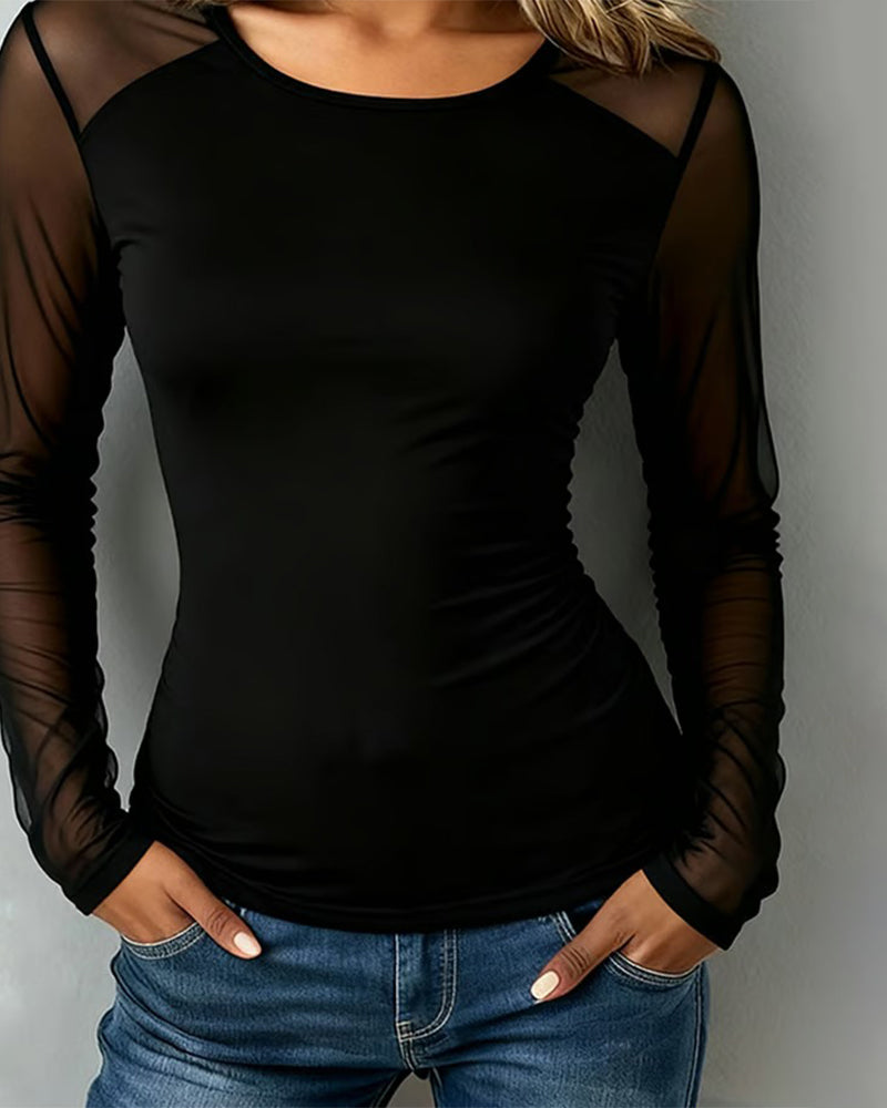 Bluse Mesh Langarm Slim Fit