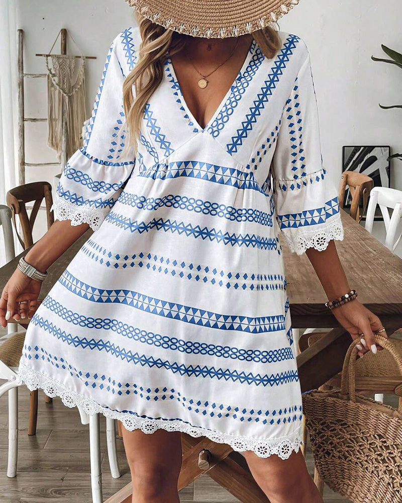 Kleid Geometrischer Print Ethno V-Ausschnitt Spitzenbesatz Kleid