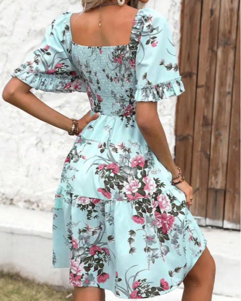 Kleid Quadratischer Ausschnitt Blumen Taille A-Linie