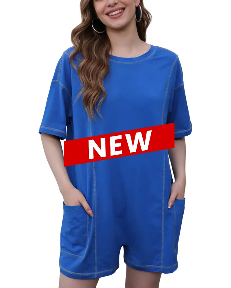 Jumpsuit Rundhalsausschnitt Mit Großer Tasche Shorts