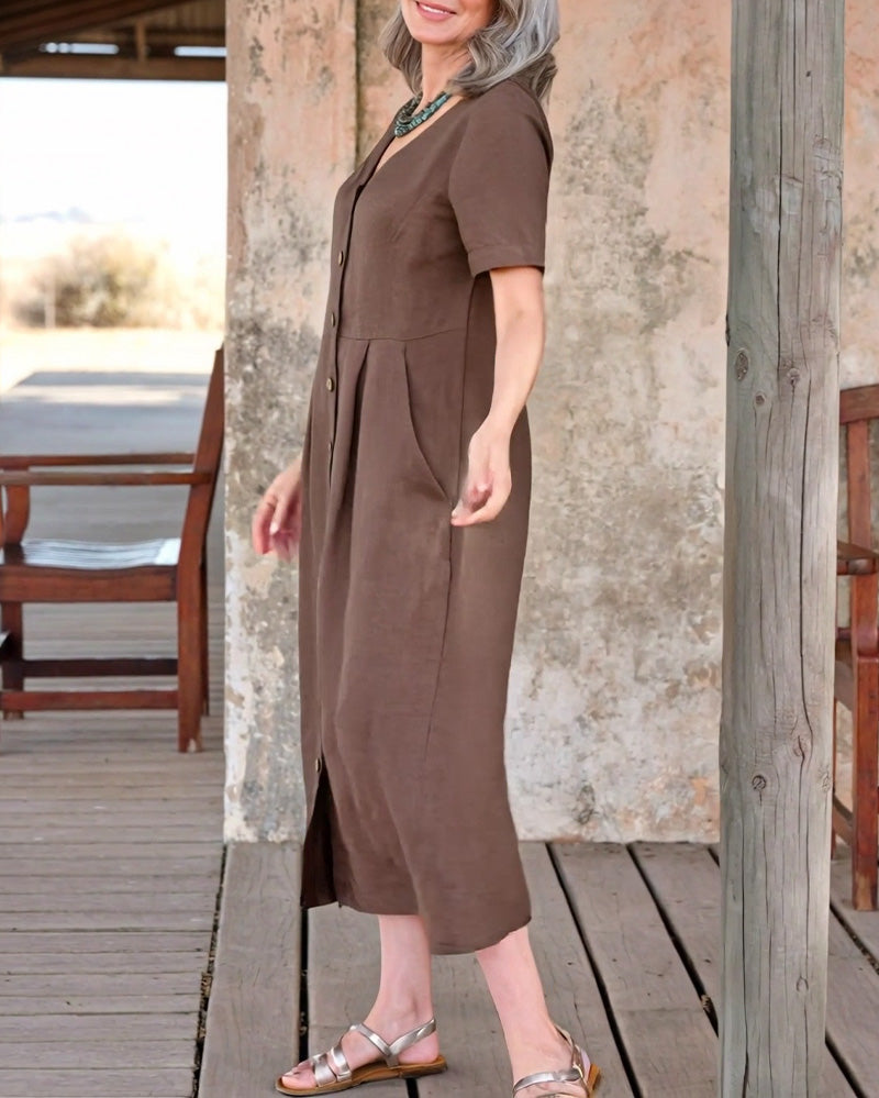 Kleid Modestil V-Ausschnitt Knöpfli