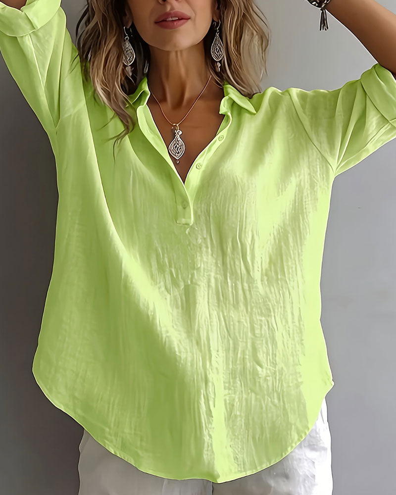Bluse Einfarbig Revers Halbe Knopfleiste Langarm