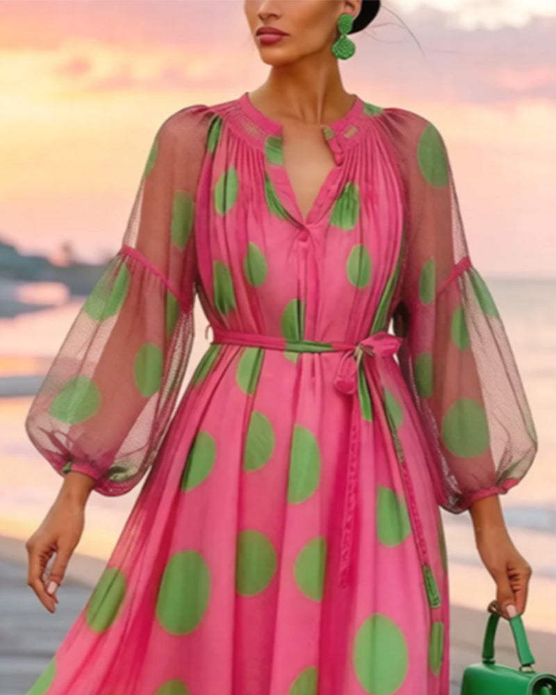 Kleid V-Ausschnitt Ballonärmel Große Tupfen