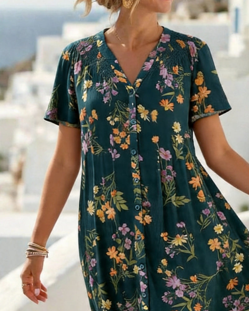 Kleid Blumen Kurzarm V-Ausschnitt