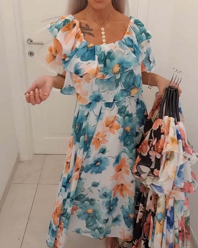 Kleid Aquarell Blumig Off-Shoulder Kuchen Lang