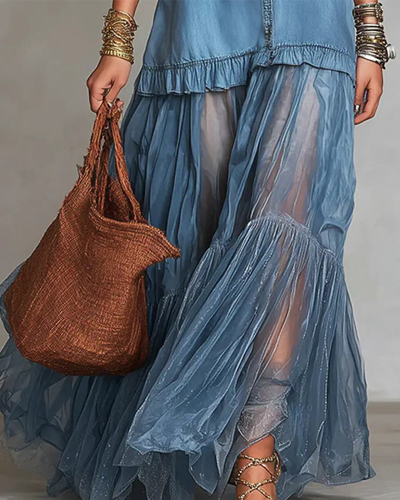 Kleid Denim Und Mesh Zusammengefügt Lang