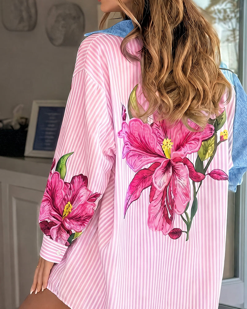 Hemd Blumig Streifen Denim Patchwork