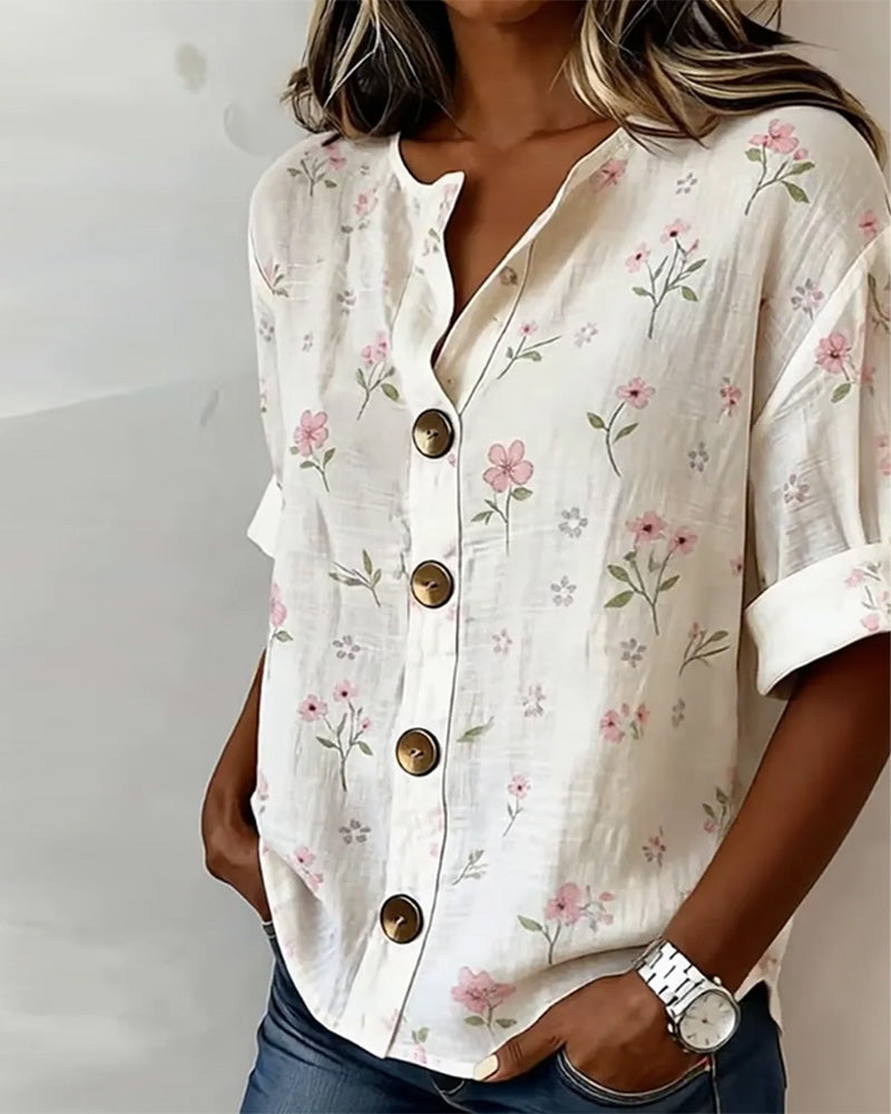 Bluse Kleiner Blumenprint Knopf Lässig