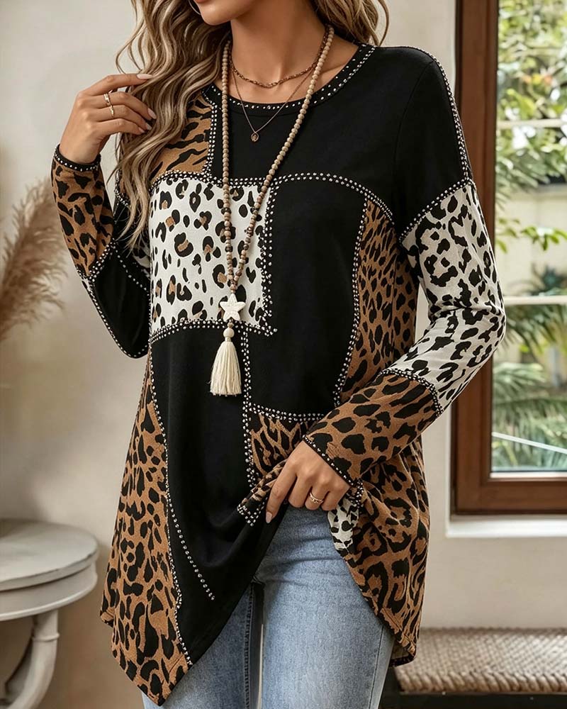Bluse Leopard Druck Patchwork Unregelmäßig