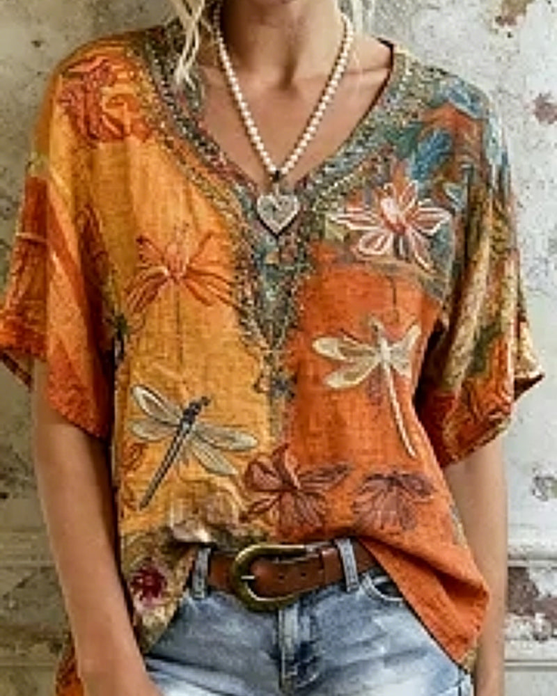 Bluse Vintage Libellenprint Lässig