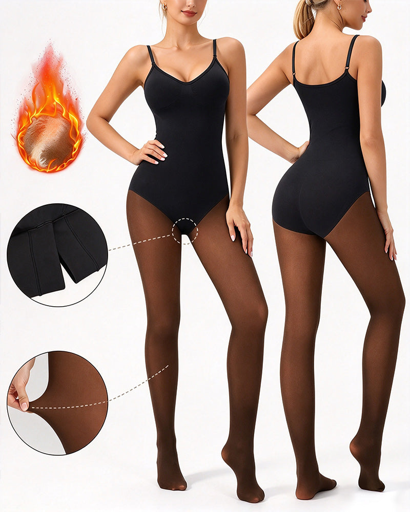 Transparentes Panel Mit Fleece-Gefütterter Strumpfhose Stay-Warm Bauchkontrolle Sheer-Effekt Strumpfhose Bodysuit Schwarz Basic