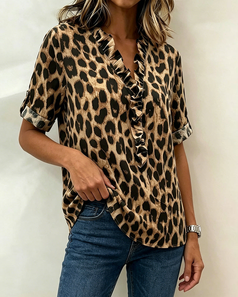Bluse Klassisches Leopardenmuster Rüschen