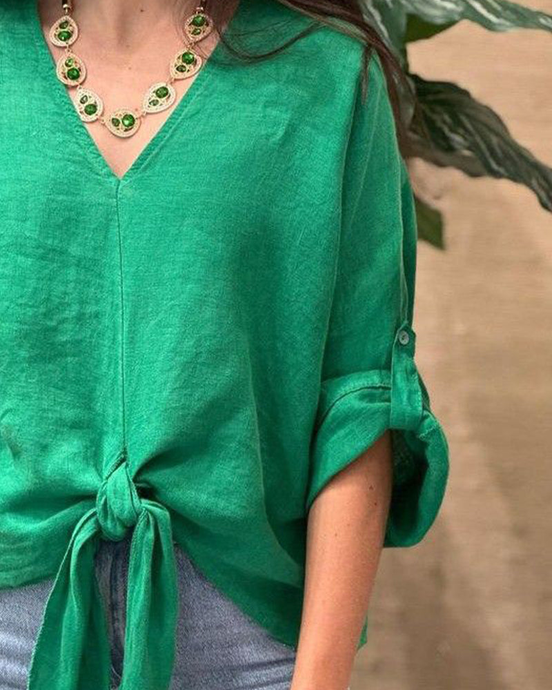 Bluse mit lockerer Passform V-Ausschnitt zum Binden vorne