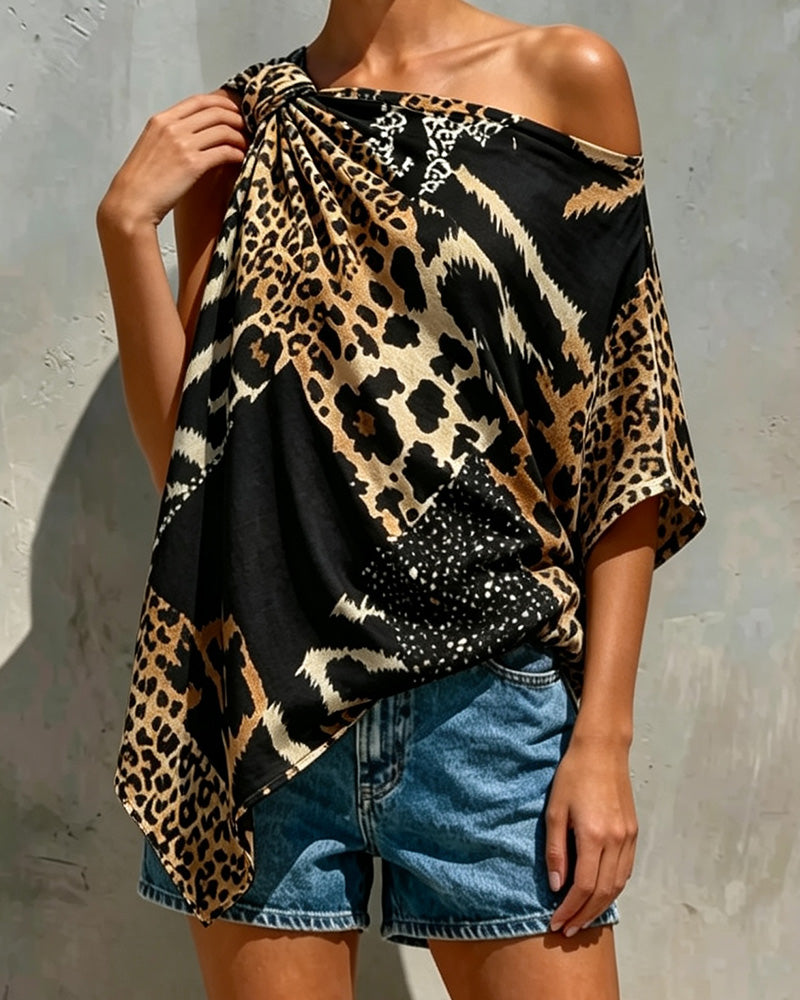 Bluse Leopardenmuster Patchwork Ein-Schulter