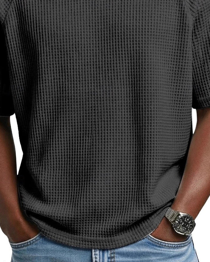 Herren-V-Ausschnitt-Shirt In Waffelstruktur, Lässiges Kurzarm-Oberteil In Unifarbe