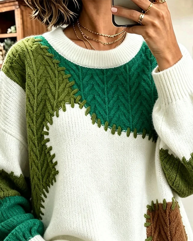 Pullover Runder Ausschnitt Kontrastierend Fallende Schulter Patchwork
