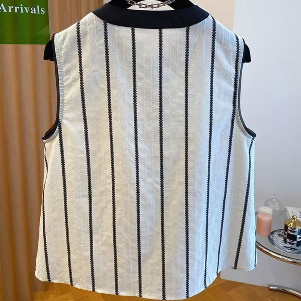 White and Black Striped Sleeveless Blouse for Women - Gisella