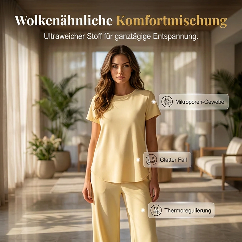 🔥50% Rabatt!❄️2026 Neuheit – heiß begehrt!🌿 Lounge Set mit Rundhals & weiter Hose – Baumwollmischung, atmungsaktiv, figurschmeichelnd – in Gelb & Blau (S–5XL)
