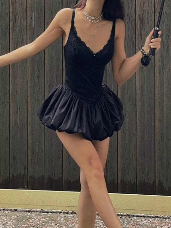 Schwarzes Y2k Lace Stitching V Ausschnitt Mini Kleid