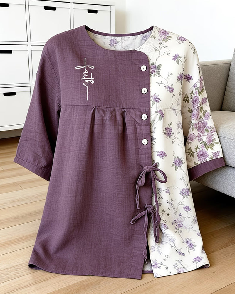 Bluse Asymmetrisch Zusammengefügt Geblümt Farbblock
