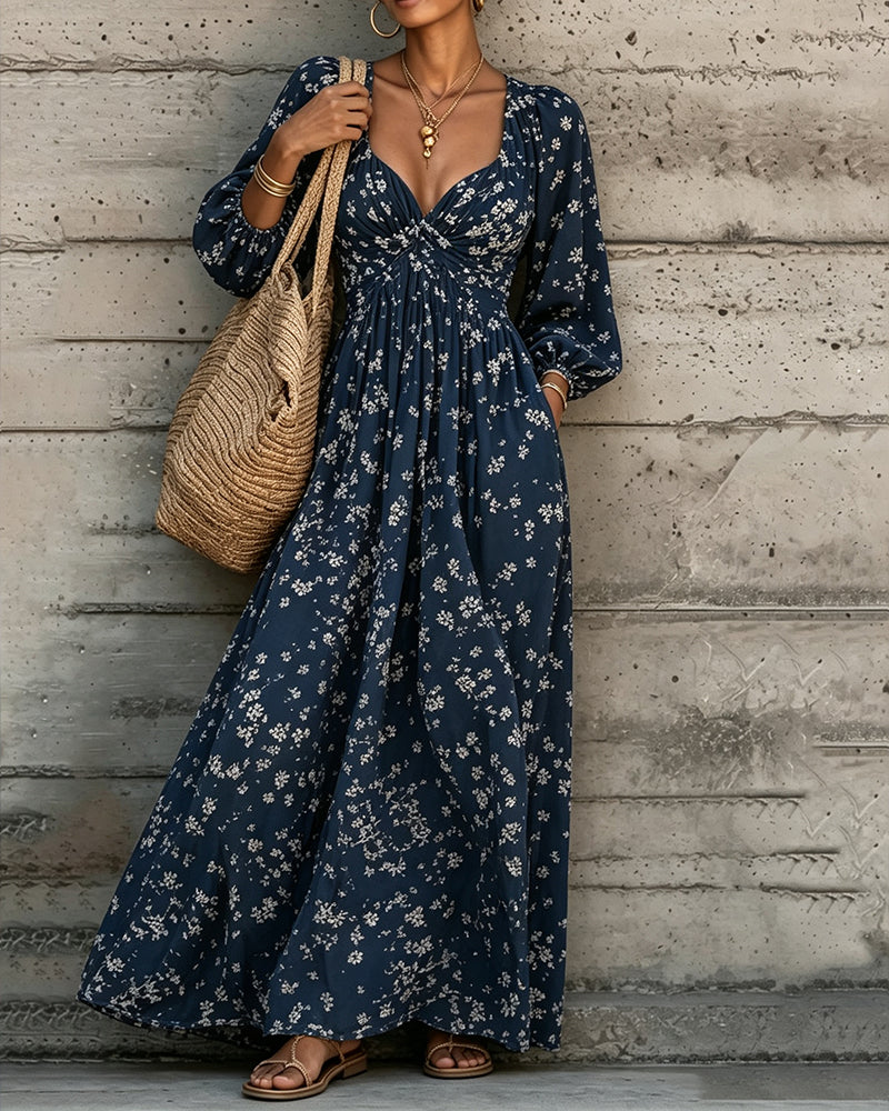 Kleid Gerafft Blumen Puffärmel Weiter Rock