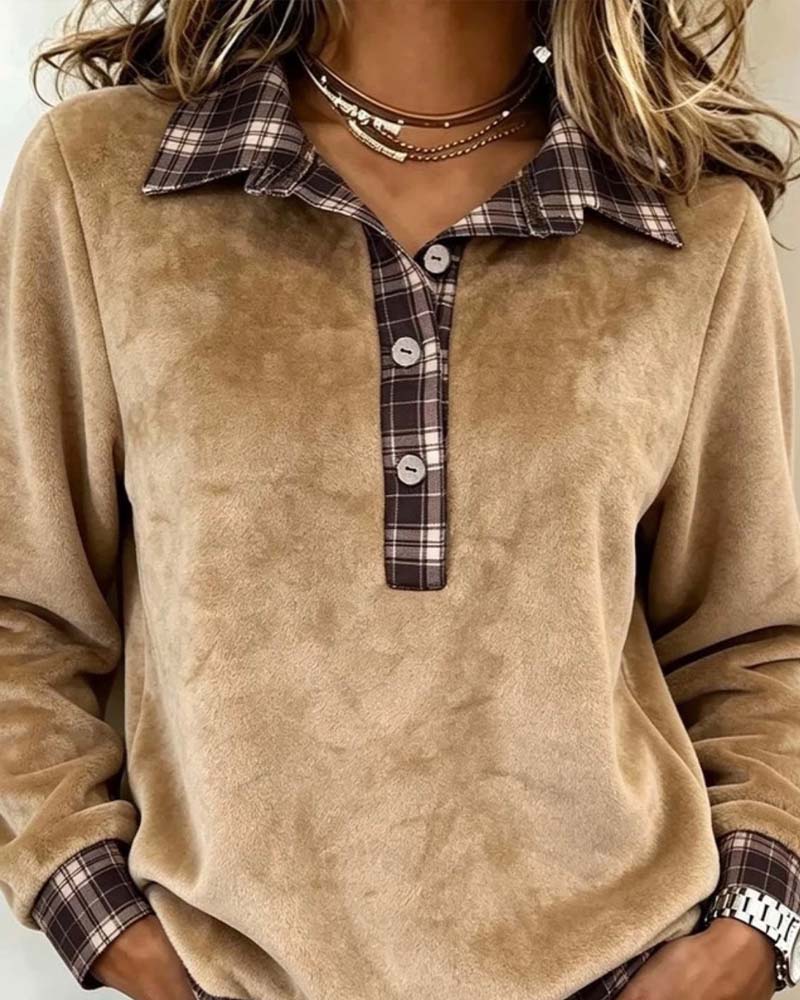 Sweatshirt Revers Knopf Kariert Patchwork