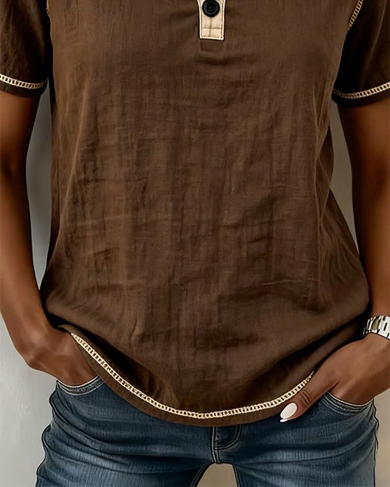 Bluse Farbblock Steppnaht Henley-Ausschnitt Kurzarm