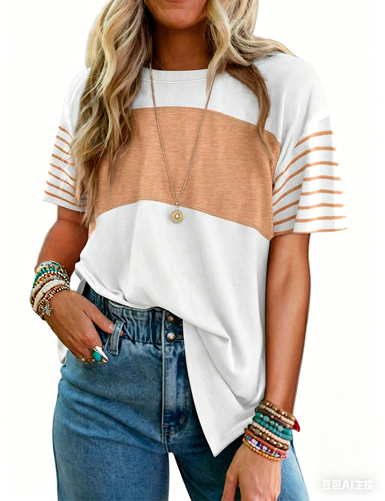 T-Shirt Pullover Gestreift Farbblock Kurzarm
