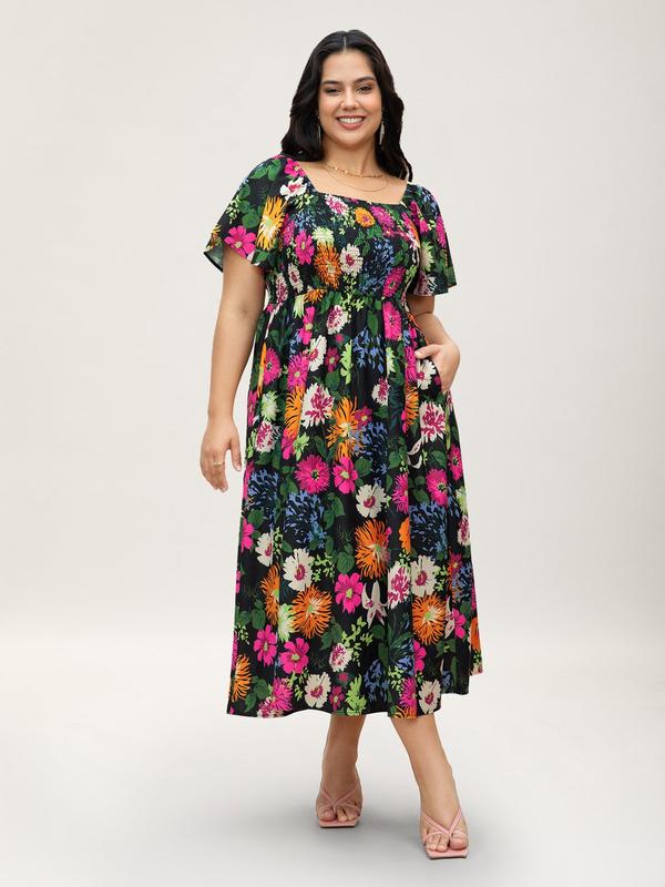 ⏰Sommer Heißer Verkauf 70% RABATT💃Geblümtes Smock-Kleid mit eckigem Ausschnitt und Taschen
