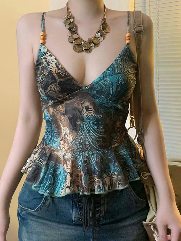 Grünes Vintage Amerikanisches Print Cami Top