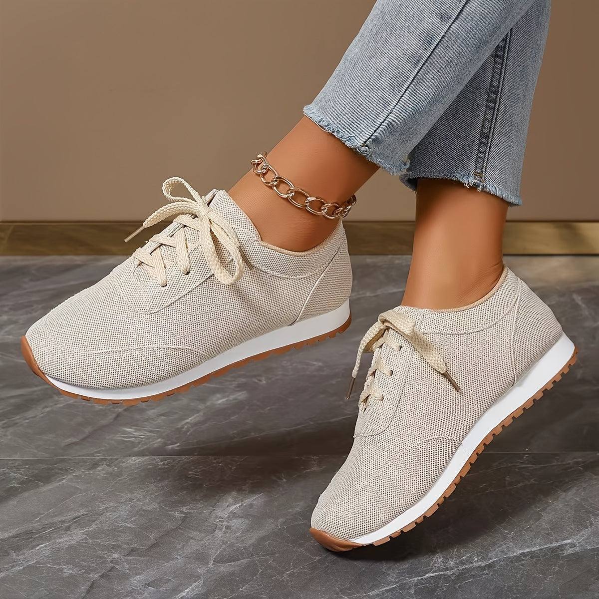 Beige linen look sneakers - Women Nora