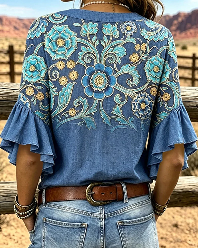 Bluse Bohemian Print V-Ausschnitt Vintage
