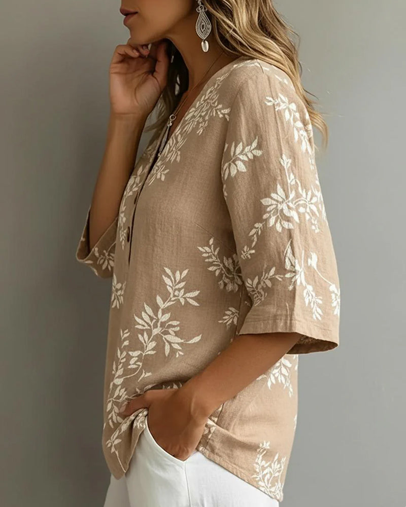Bluse V-Ausschnitt Blattprint Halbarm