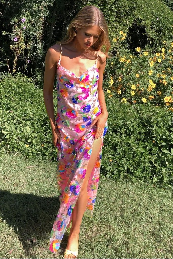 Robe longue à paillettes florales et bretelles chaîne pour femme - Donatella