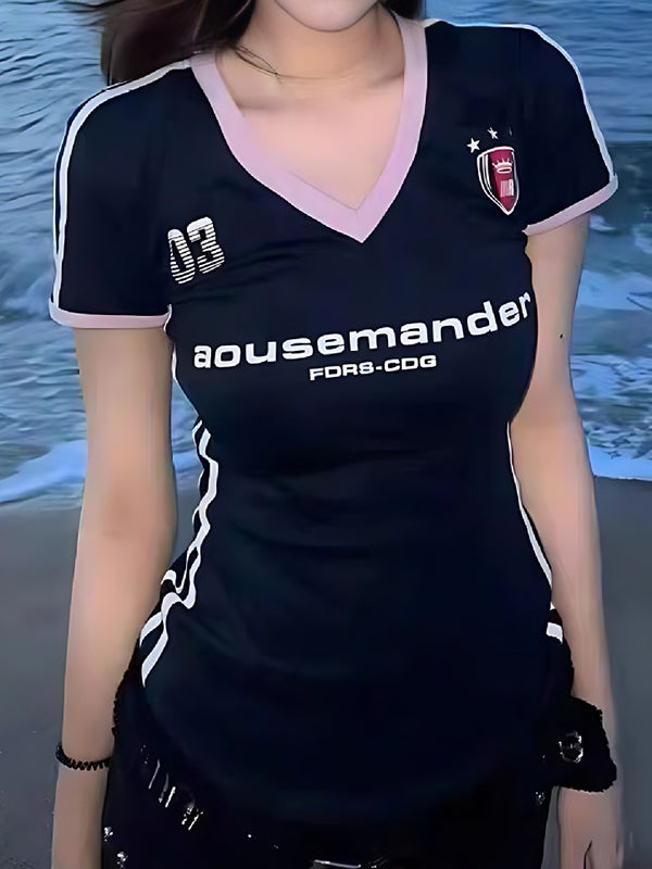 Kontrast Vintage V-Ausschnitt Kurzarm T-Shirt